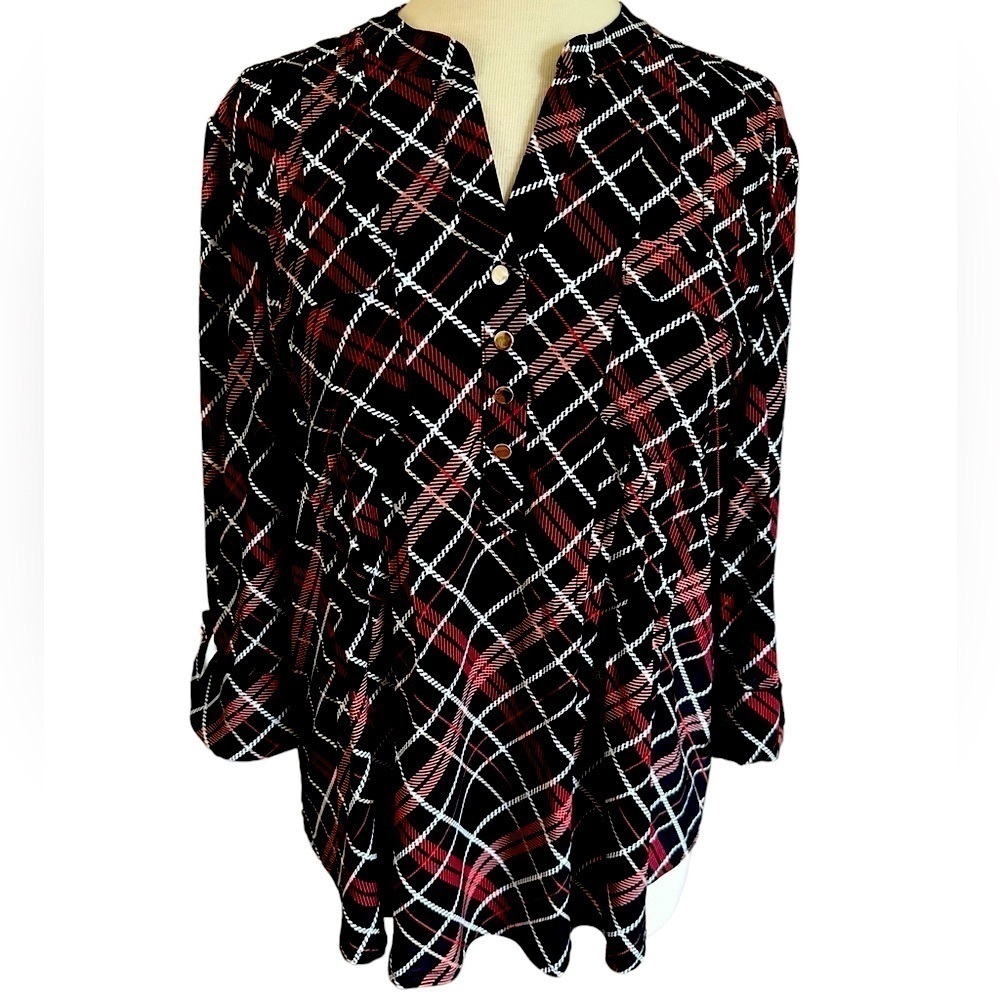COCOMO XL Black Red White 3/4 sleeve women’s Pintuck Blouse top shirt
